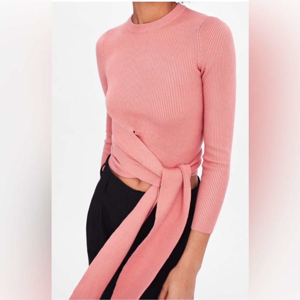 ZARA ribbed sweater with tie closure Size Small Color‎ Peach